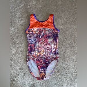 Shiny Multicolor Swirl Gymnastics Leotard — Orange & Purple Accents